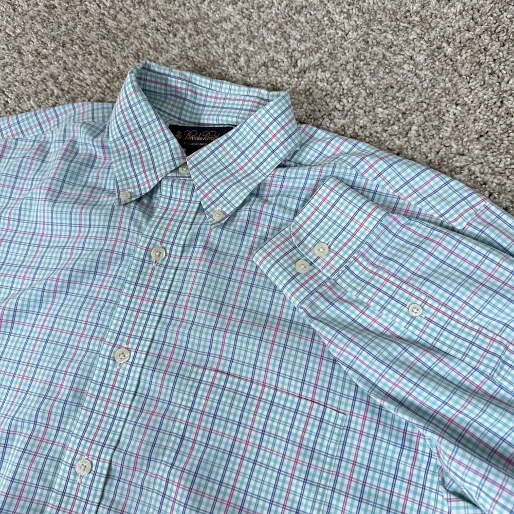 Brooks Brothers Shirt Mens Medium Teal Blue Purple Check Non Iron Button Down